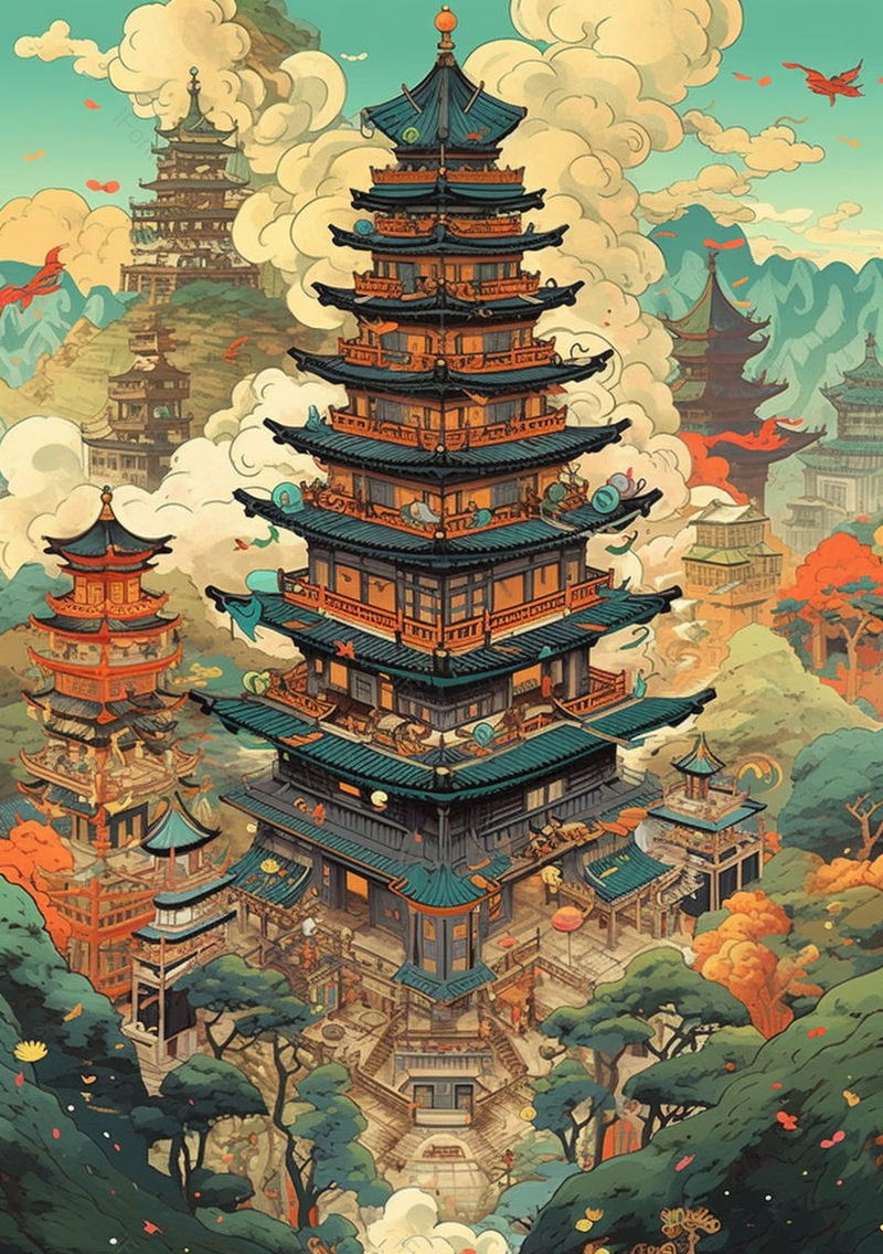 中国风建筑祥云插画设计背景,插画/手绘图,插画/手绘图库,插画/手绘图下载,插画/手绘